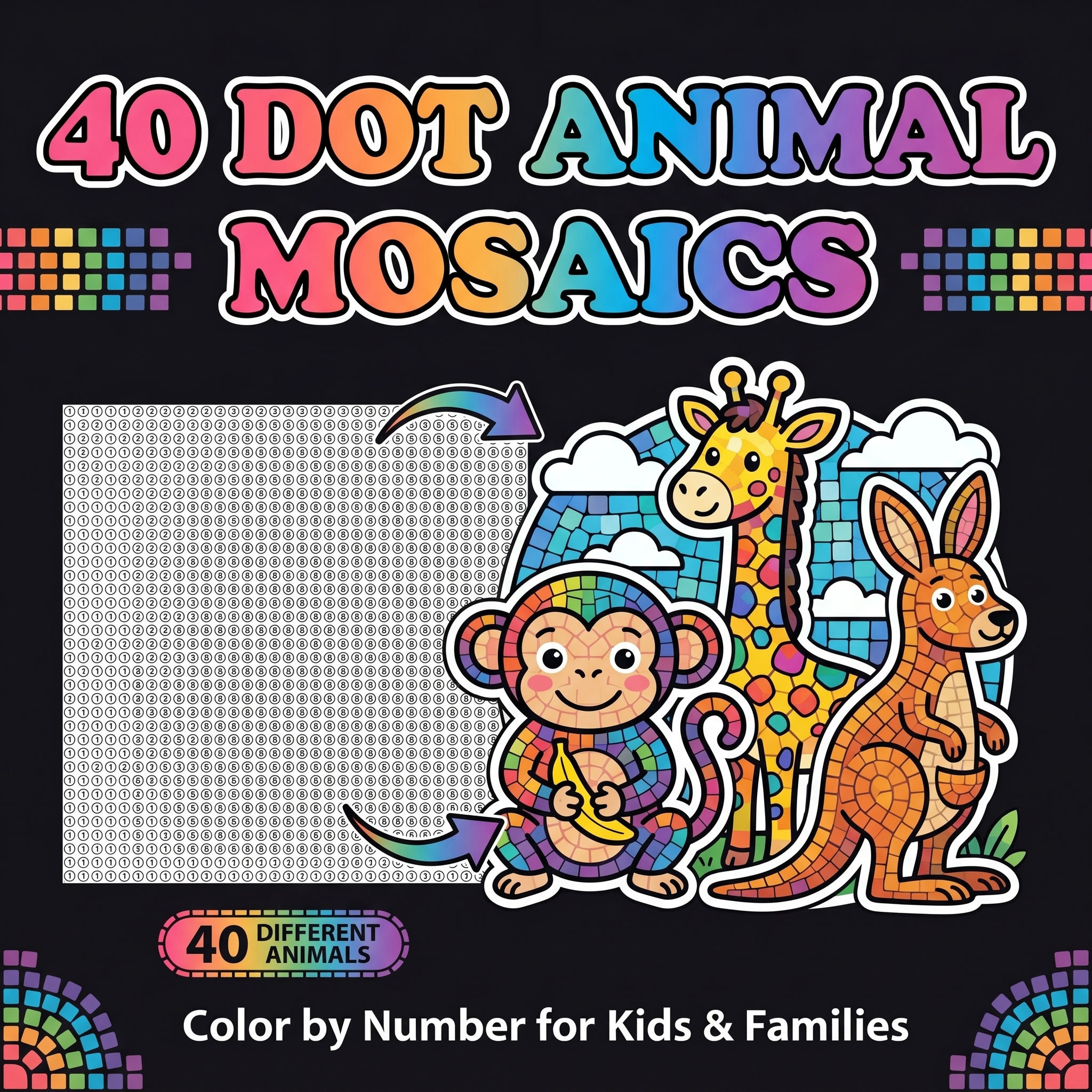 40 Dot Animal Mosaics Color by Number