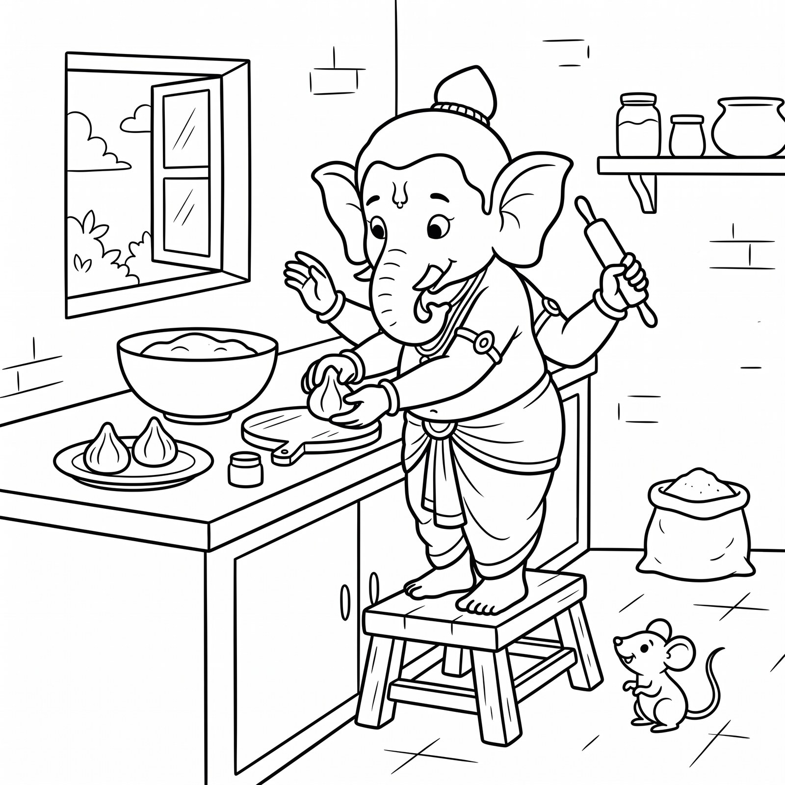 Little Ganesha making modaks coloring page