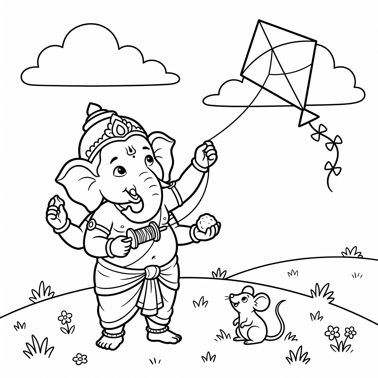 Little Ganesha flying a kite on a sunny hill