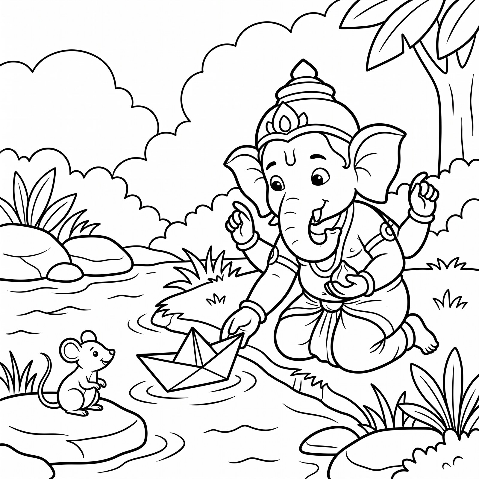 Little Ganesha launching a paper boat on the pond