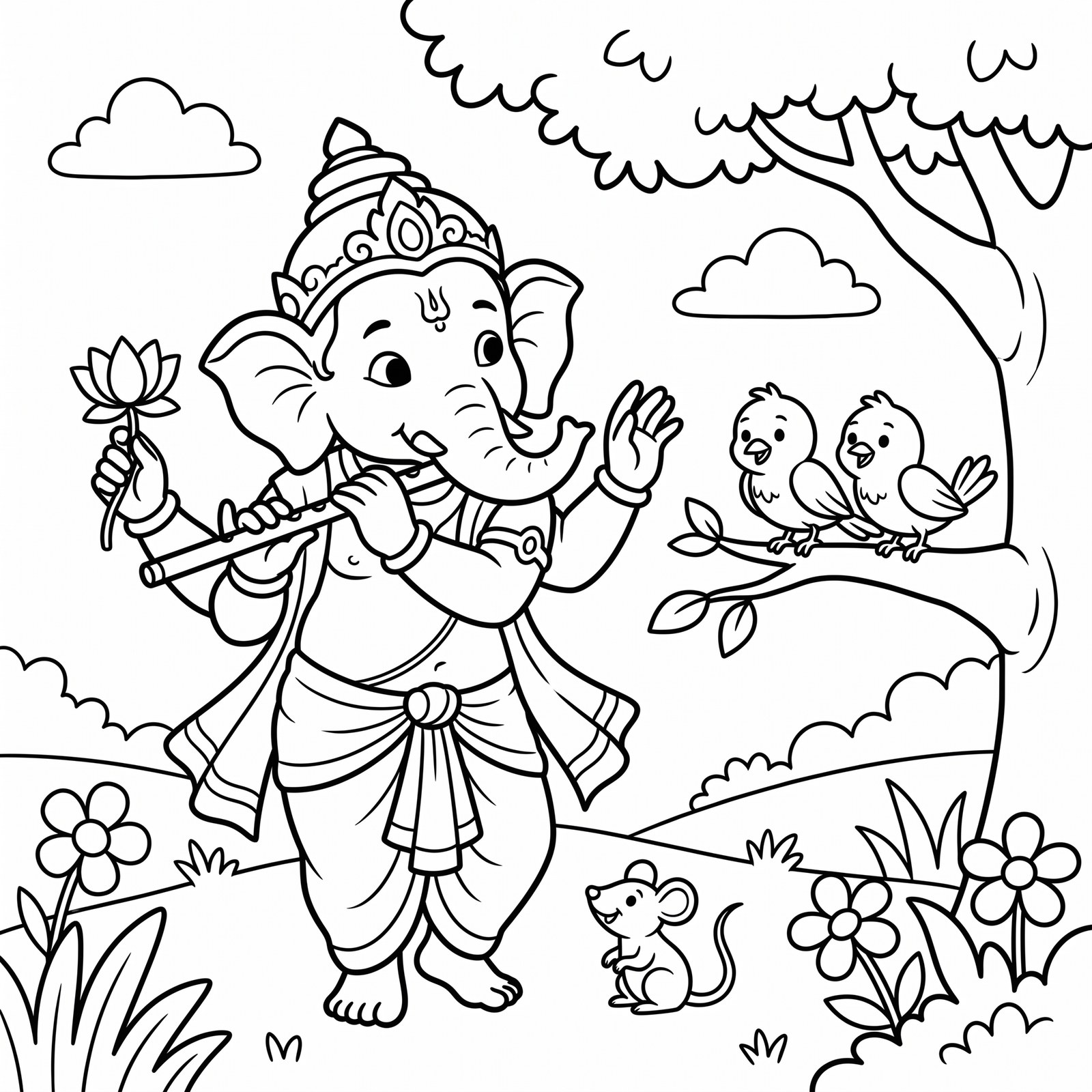 Little Ganesha playing flute with birds and friends