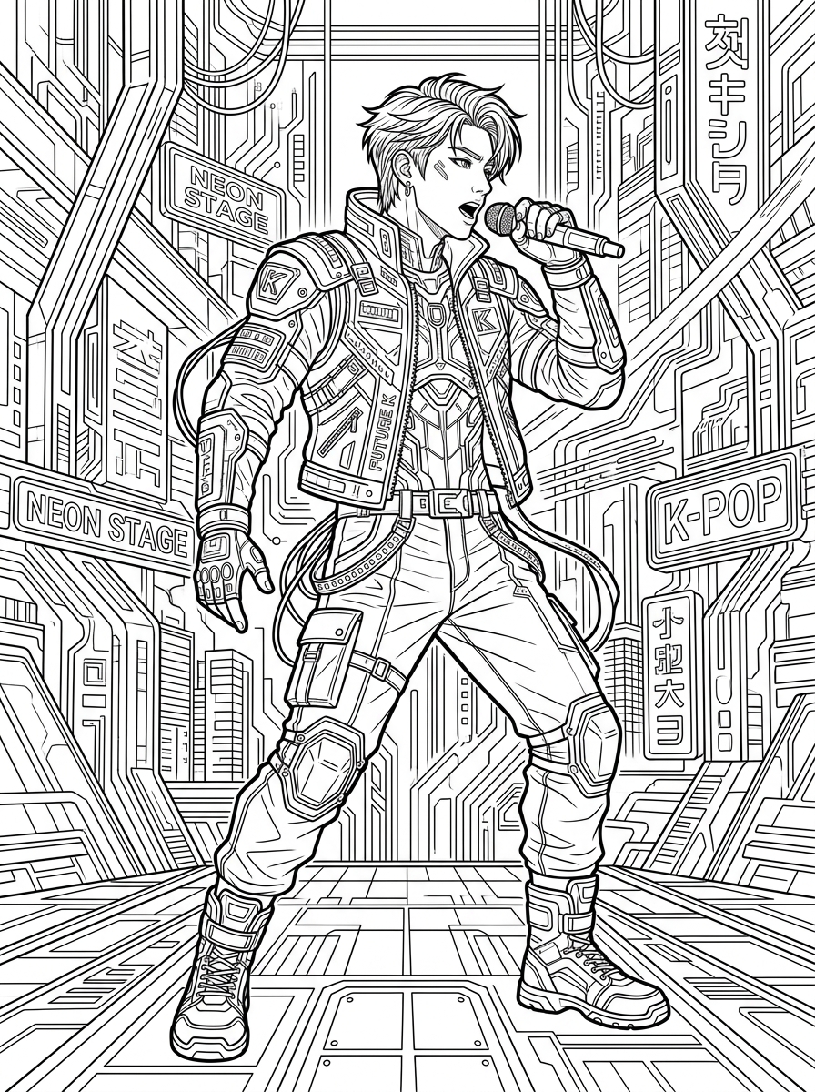 K-pop idol coloring page illustration