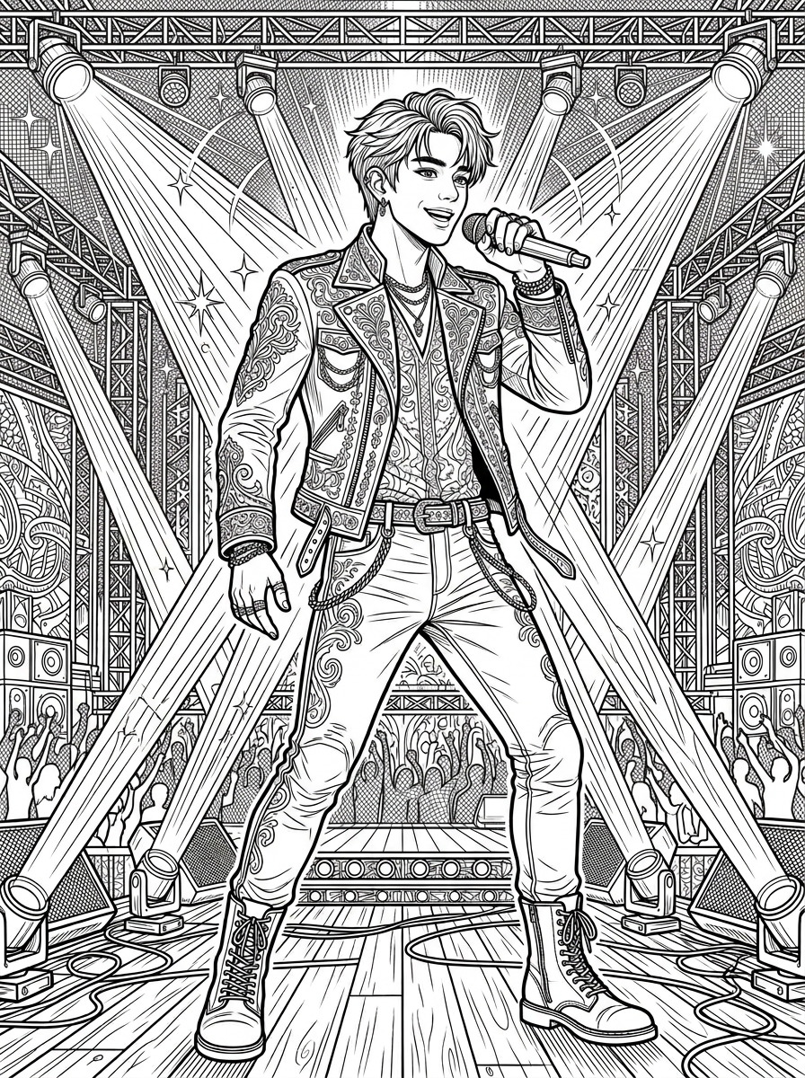 K-pop idol performer on stage coloring page