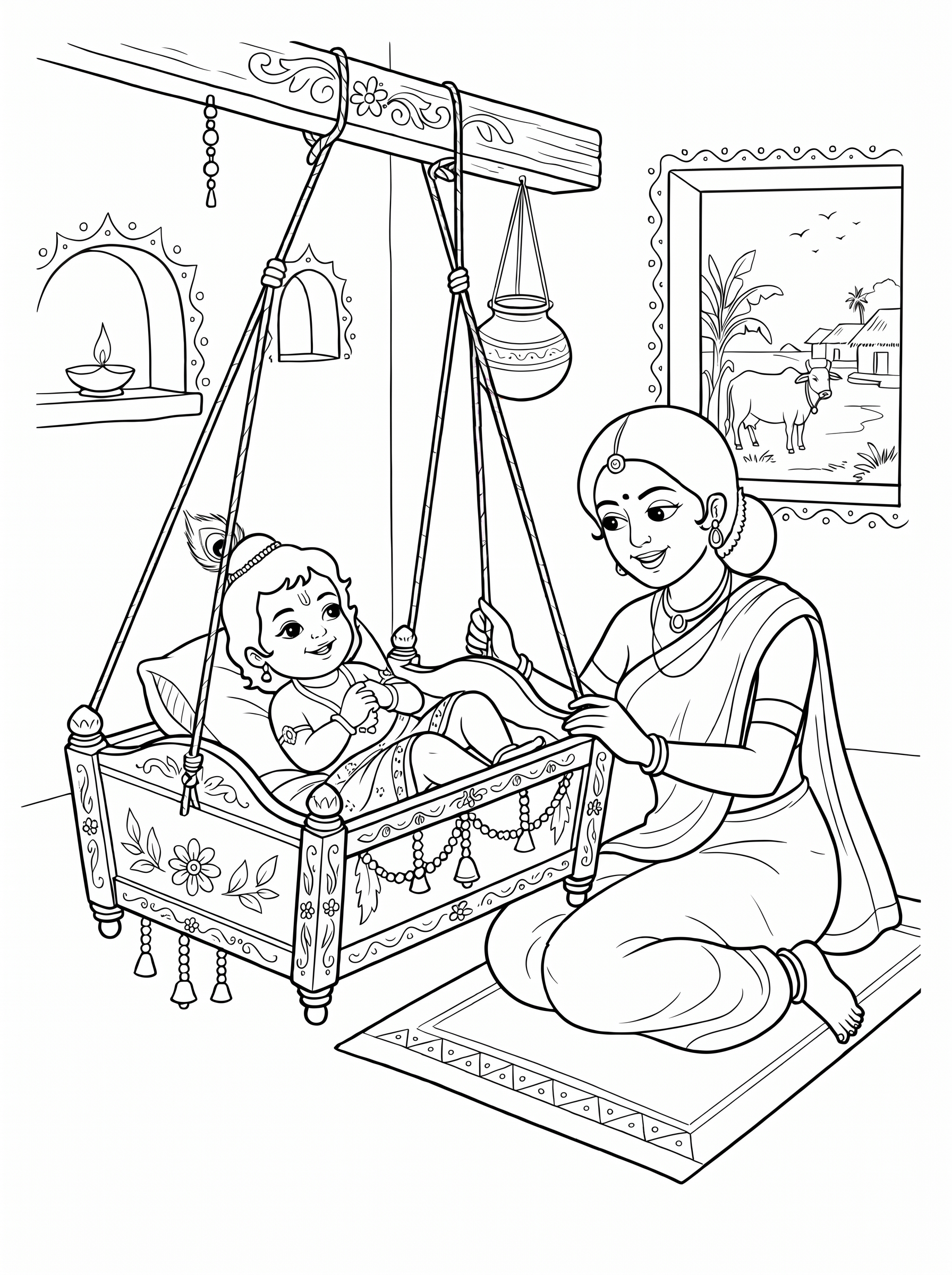 Baby Krishna in cradle coloring page