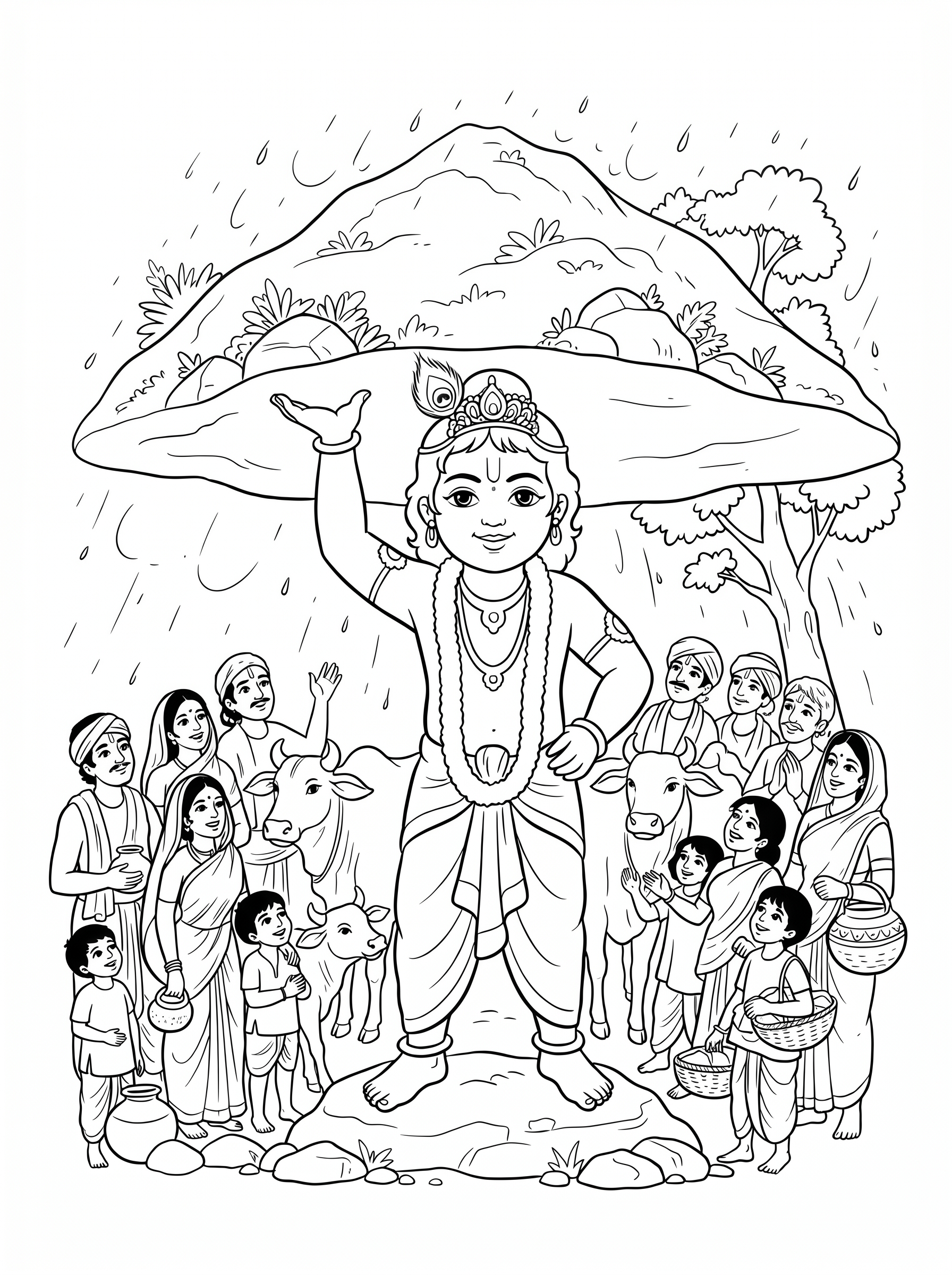 Krishna lifting Govardhan hill coloring page
